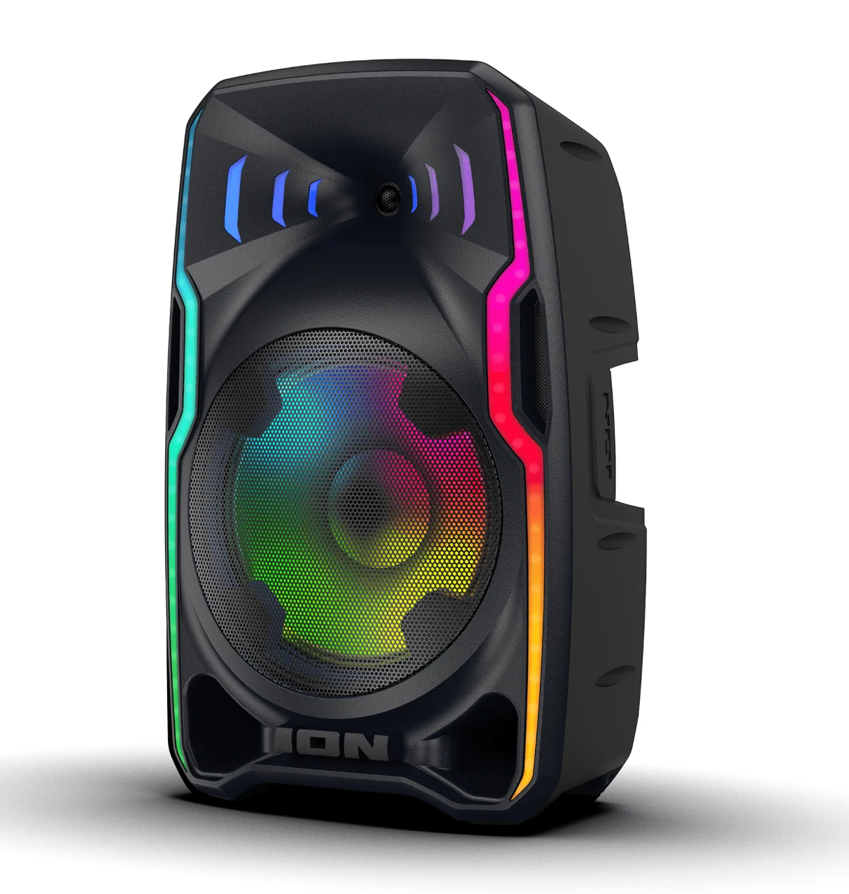 ION Total PA Apex angled front view with multi-colour lighting