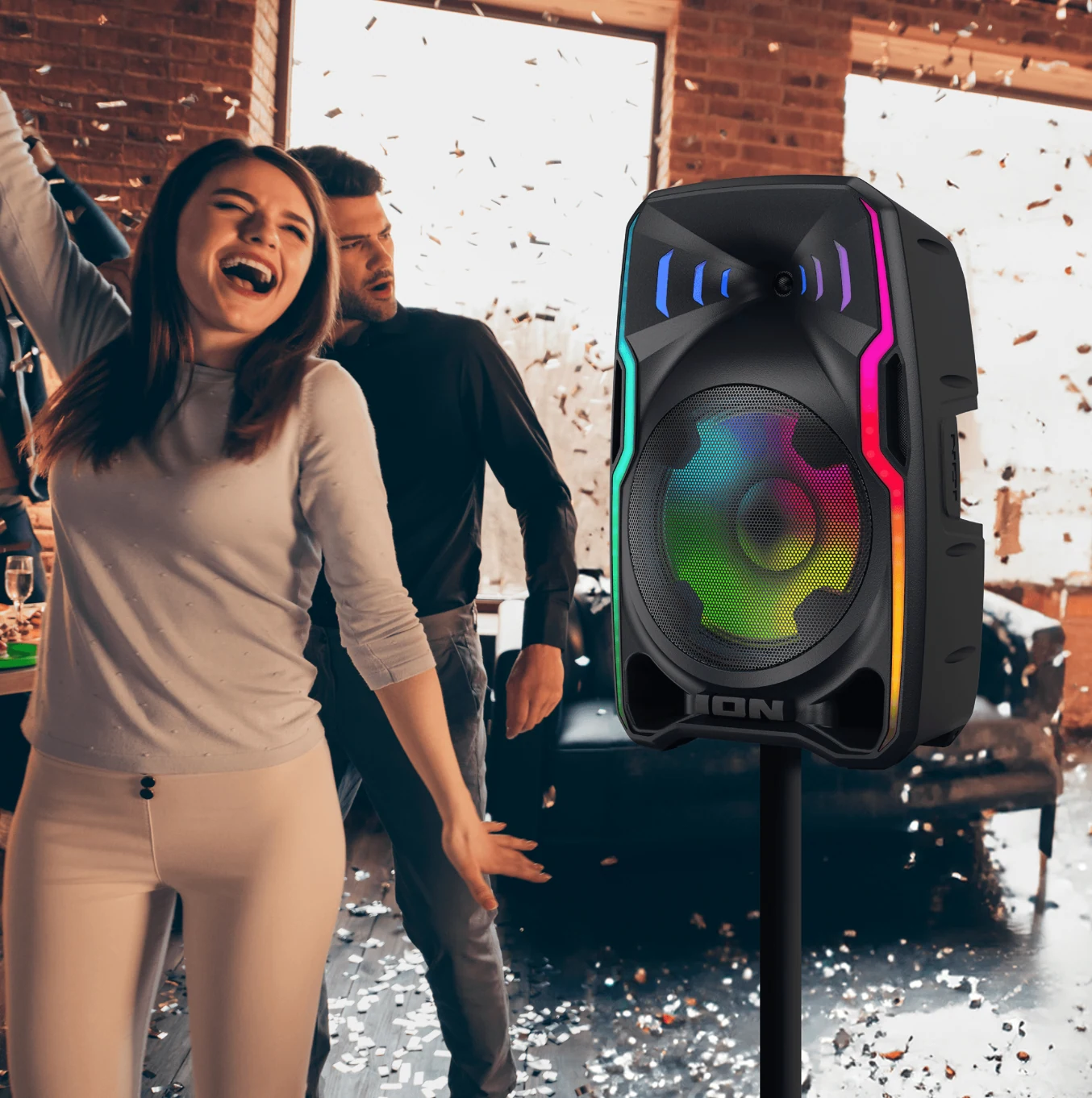 ION Total PA Apex on a stand at a house party