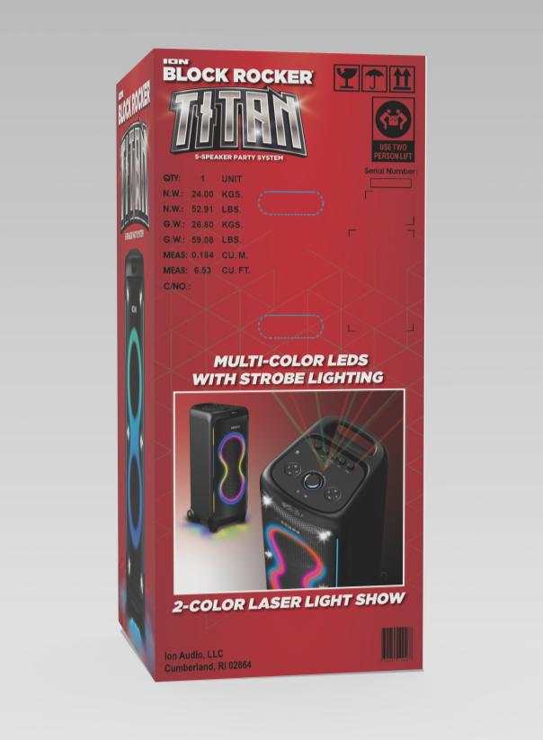 ION Block Rocker Titan retail giftbox side render showing product features