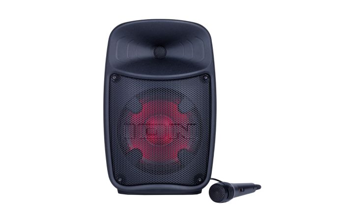 ION Pro Glow Express front view with microphone and blue green lighting